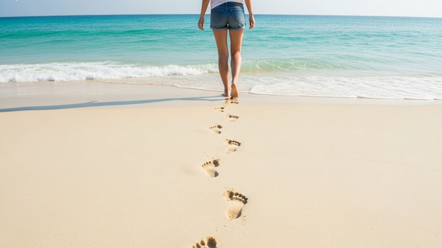 Une femme qui marche vers la mer sur une plage des Canaries.